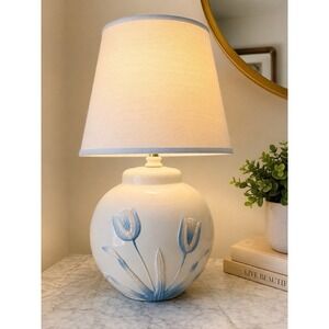 MCM Round Ceramic Lamp And Shade With Embossed Tulips, White and Blue